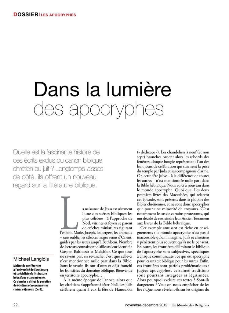 thumbnail of Michael Langlois, « Dans la lumière des apocryphes », Le Monde des Religions 56, nov-déc 2012, p. 22-25