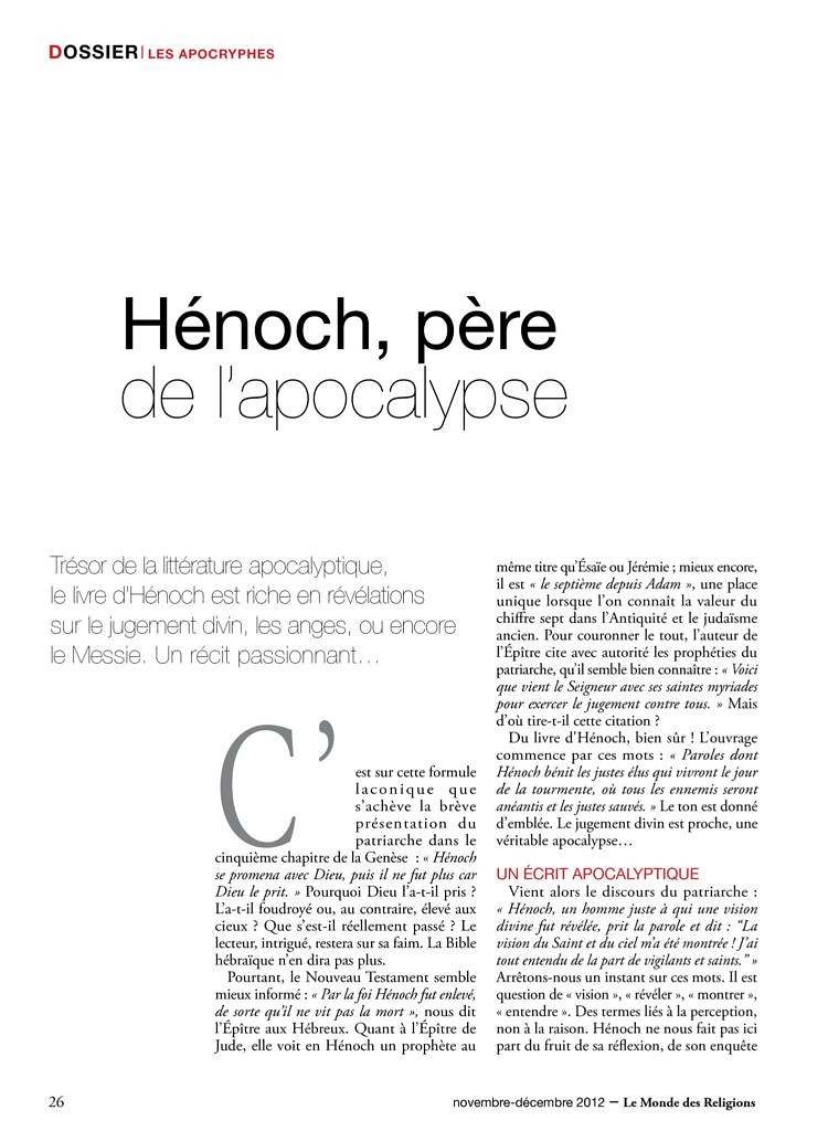 thumbnail of Michael Langlois, « Hénoch, père de l’apocalypse », Le Monde des Religions 56, nov-déc 2012, p. 26-29