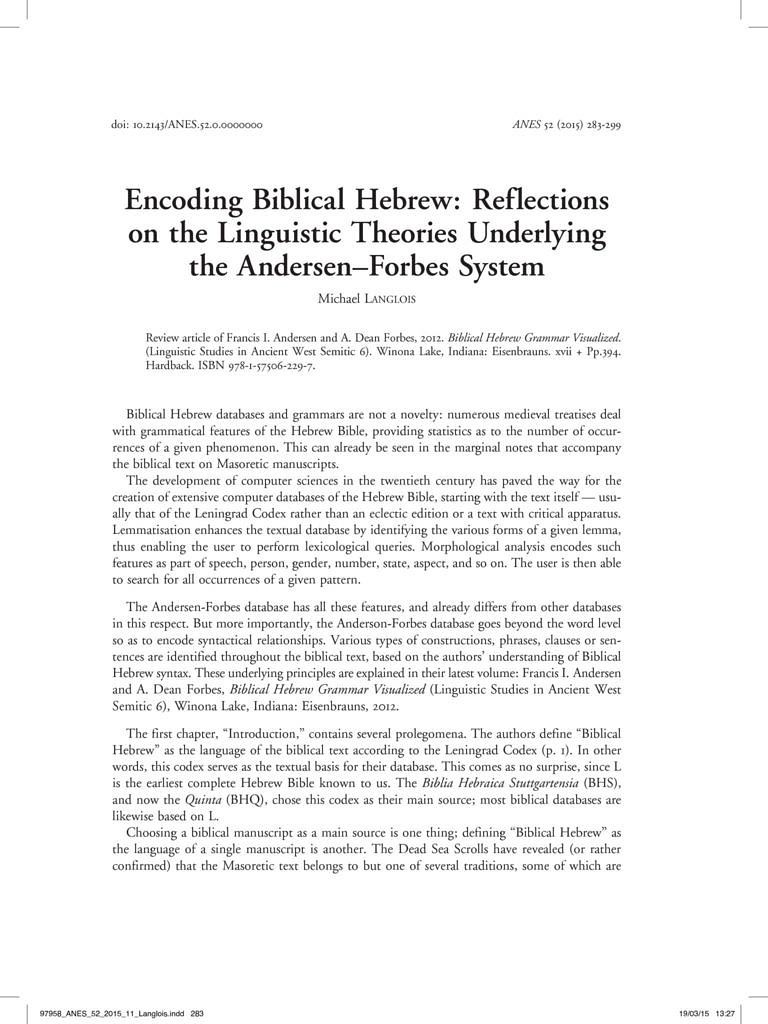 thumbnail of Langlois 2015 Encoding Biblical Hebrew ANES 52, p. 283-299